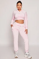 Womens Velour Zip Front Cropped Hoodie, Pink,