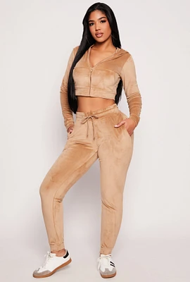 Womens Velour Drawstring Joggers, Brown, Size M