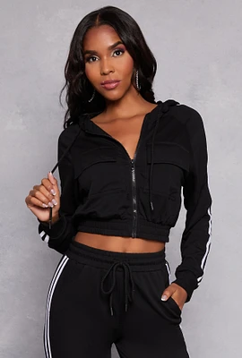 Womens French Terry Varsity Stripe Hooded Sweatshirt, Black, Size S