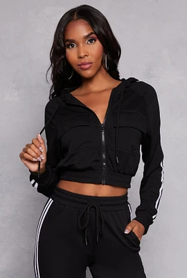 Womens French Terry Varsity Stripe Hooded Sweatshirt, Black, Size S