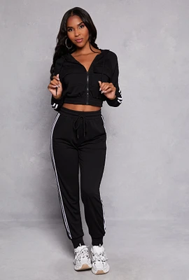 Womens French Terry Varsity Stripe Drawstring Joggers, Black, Size S