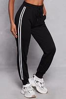 Womens French Terry Varsity Stripe Drawstring Joggers, Black, Size L