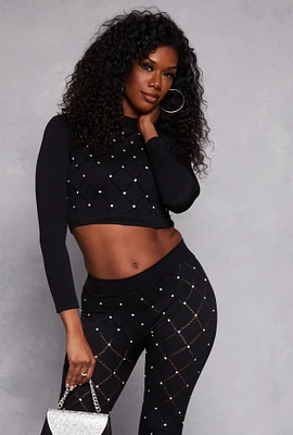 Womens Laser Cut Detail Rhinestone Seamless Crop Top,