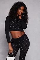 Womens Laser Cut Detail Rhinestone Seamless Crop Top,
