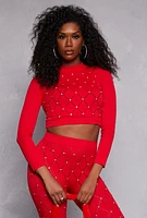 Womens Laser Cut Detail Rhinestone Seamless Crop Top, Red,