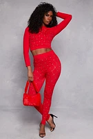 Womens Laser Cut Detail Rhinestone Seamless Crop Top, Red, Size M-L