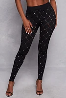 Womens Laser Cut Detail Rhinestone Seamless Leggings, Black, Size S-M