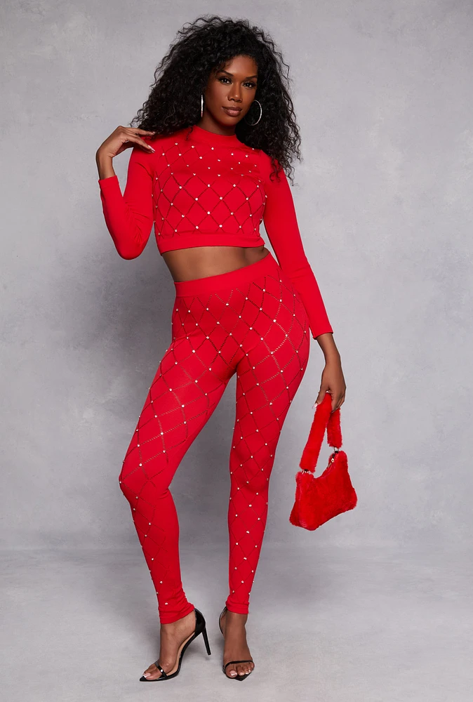 Womens Laser Cut Detail Rhinestone Seamless Leggings, Red, Size S-M