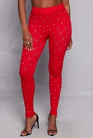 Womens Laser Cut Detail Rhinestone Seamless Leggings, Red, Size S-M