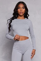 Womens Seamless Rhinestone Ribbed Knit Crop Top, Grey, Size S-M