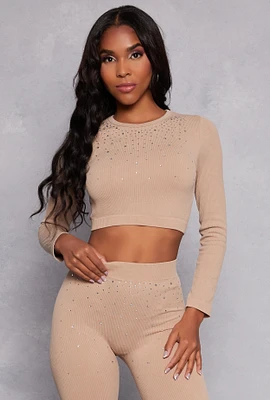 Womens Seamless Rhinestone Ribbed Knit Crop Top, Beige, Size S-M