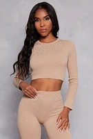 Womens Seamless Rhinestone Ribbed Knit Crop Top, S-M