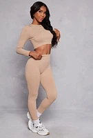 Womens Seamless Rhinestone Ribbed Knit Crop Top, Beige, Size S-M