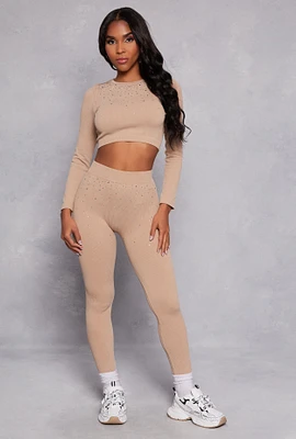 Womens Seamless Rhinestone High Waisted Leggings, Khaki, Size S-M