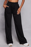 Womens High Waist Drawstring Wide Leg Sweatpants, Black, Size L