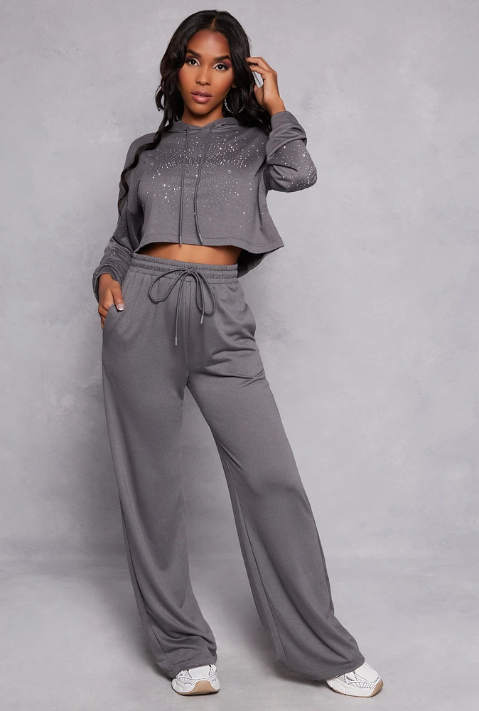 Womens High Waist Drawstring Wide Leg Sweatpants, Grey, Size M