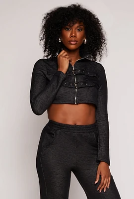 Womens Double Buckle Zip Front Crop Top, Black,