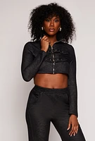 Womens Double Buckle Zip Front Crop Top, Black,