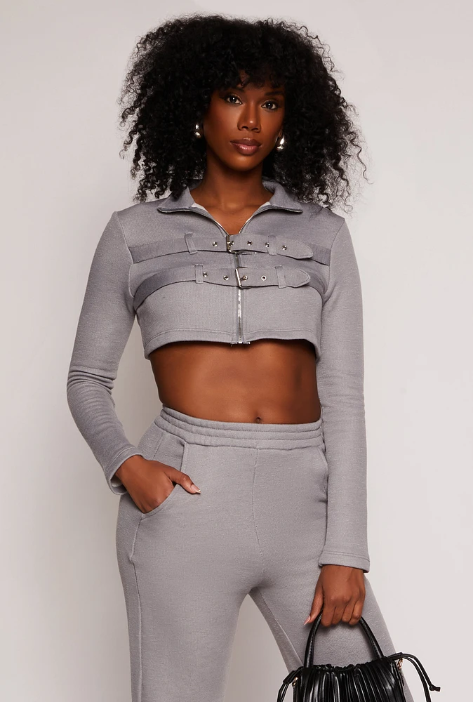 Womens Double Buckle Zip Front Crop Top, Grey,