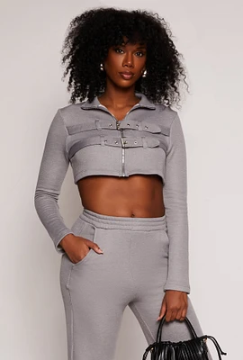 Womens Double Buckle Zip Front Crop Top, Grey, Size M