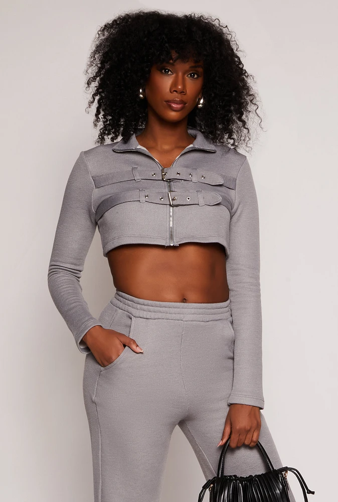 Womens Double Buckle Zip Front Crop Top, Grey, Size M