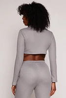 Womens Double Buckle Zip Front Crop Top, Grey,