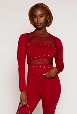 Womens Rhinestone Fishnet Detail Long Sleeve Top, Red, Size M