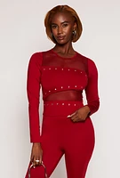 Womens Rhinestone Fishnet Detail Long Sleeve Top, Red, Size M
