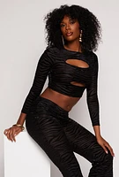 Womens Velvet Burnout Zebra Print Cut Out Crop Top, Black, Size XL