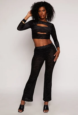 Womens Velvet Burnout Zebra Print Mesh Pants, Black, Size M