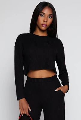 Womens Ribbed Brushed Knit Long Sleeve Crop Top, Black, Size M