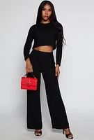 Womens Ribbed Brushed Knit Long Sleeve Crop Top, Black, Size M