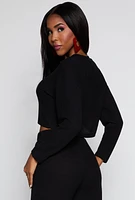 Womens Ribbed Brushed Knit Long Sleeve Crop Top, Black, Size M