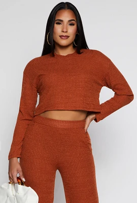 Womens Ribbed Brushed Knit Long Sleeve Crop Top, Brown, Size M