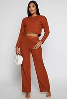 Womens Ribbed Brushed Knit Long Sleeve Crop Top, Brown, Size M