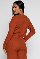 Womens Ribbed Brushed Knit Long Sleeve Crop Top, Brown, Size S