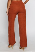 Womens Ribbed Knit High Waisted Wide Leg Pants, Brown,