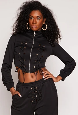 Womens Mock Neck Lace Up Zip Front Top, Black, Size M