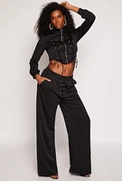 Womens Mock Neck Lace Up Zip Front Top, Black, Size M