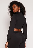 Womens Mock Neck Lace Up Zip Front Top, Black, Size M