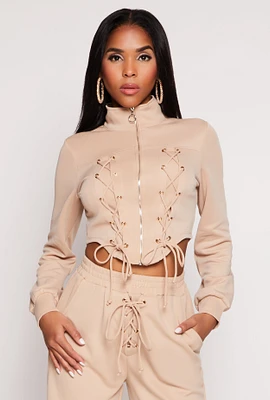 Womens Mock Neck Lace Up Zip Front Top, S