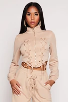 Womens Mock Neck Lace Up Zip Front Top, S