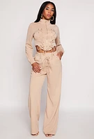 Womens Mock Neck Lace Up Zip Front Top, S
