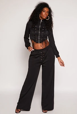 Womens Lace Up Detail Wide Leg Pants, Black,