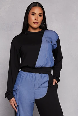 Womens Chambray Color Block Pullover Sweatshirt, Multi, Size M