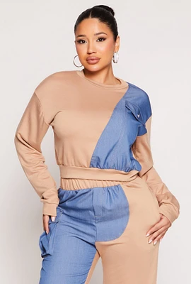 Womens Chambray Color Block Pullover Sweatshirt, Beige, Size S