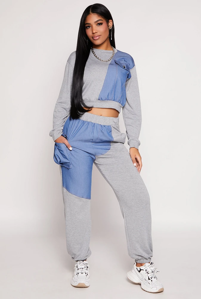 Womens Chambray Color Block Pull On Sweatpants,