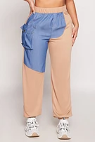 Womens Chambray Color Block Pull On Sweatpants, Khaki,