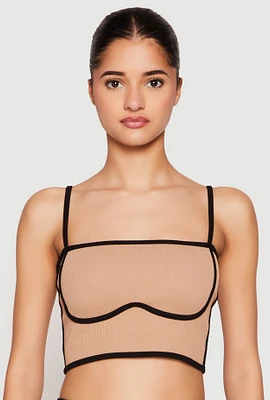 Womens Seamless Contrast Trim Cropped Cami, Beige, Size S-M