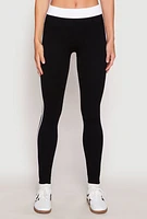 Womens Contrast Trim Ribbed Knit Leggings, Black, Size S-M